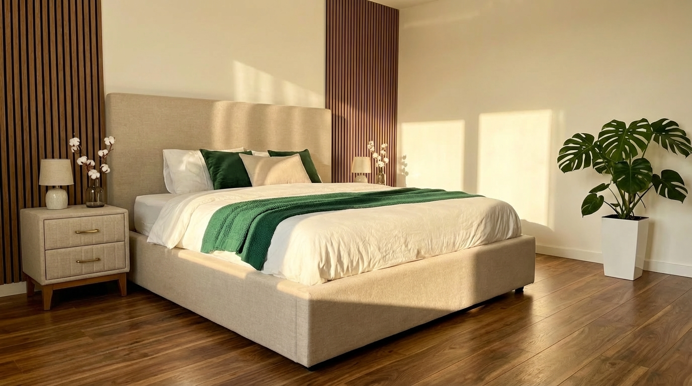 Ten sam mebel w profesjonalnej aranżacji nowoczesnego wnętrza — wizualizacja AI